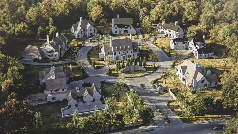 Aerial 3D rendering for Philadelphia residential community with autumn landscaping