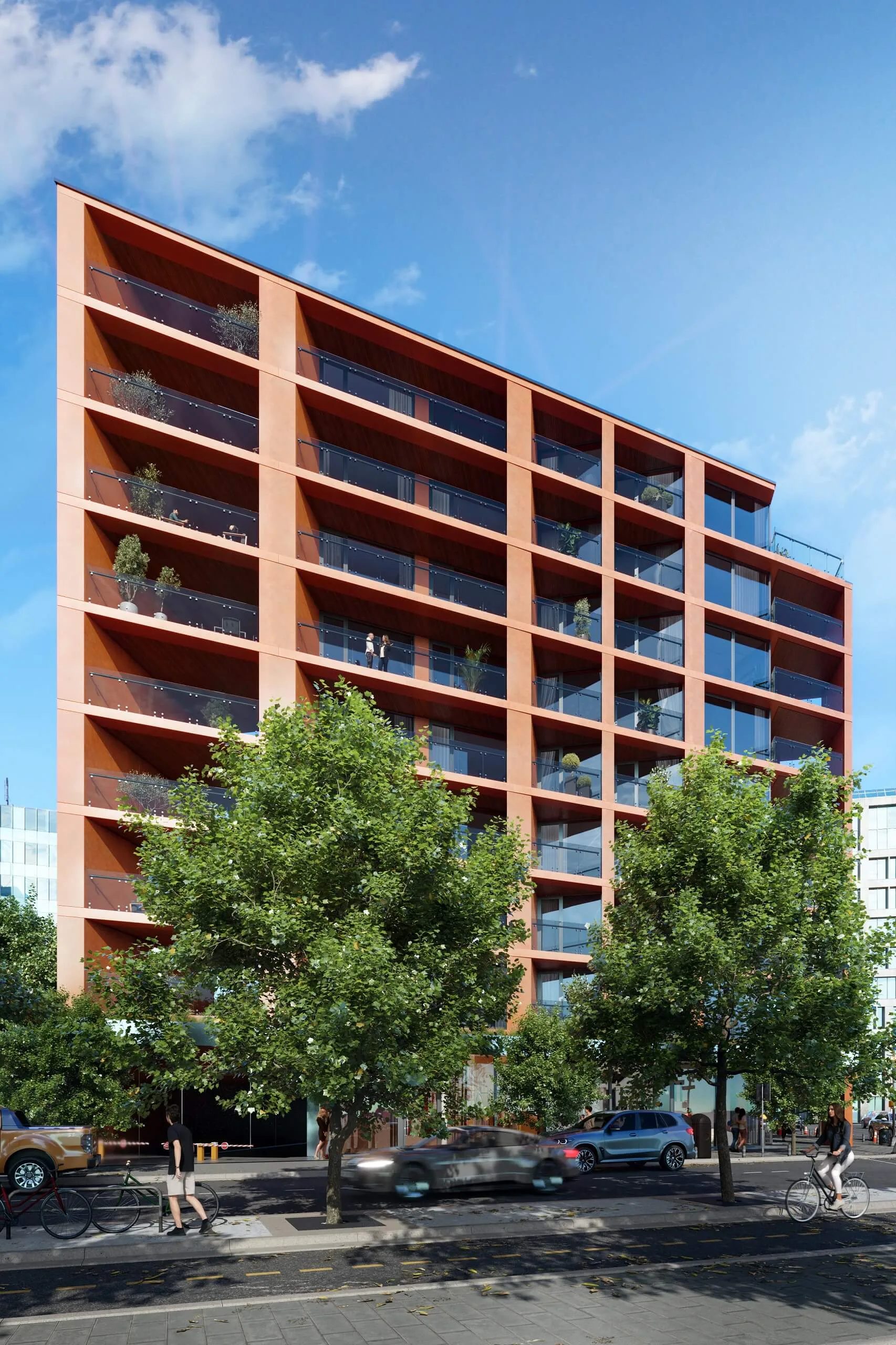 Mid-rise building facade 3D rendering for Philadelphia from street level with balcony detail