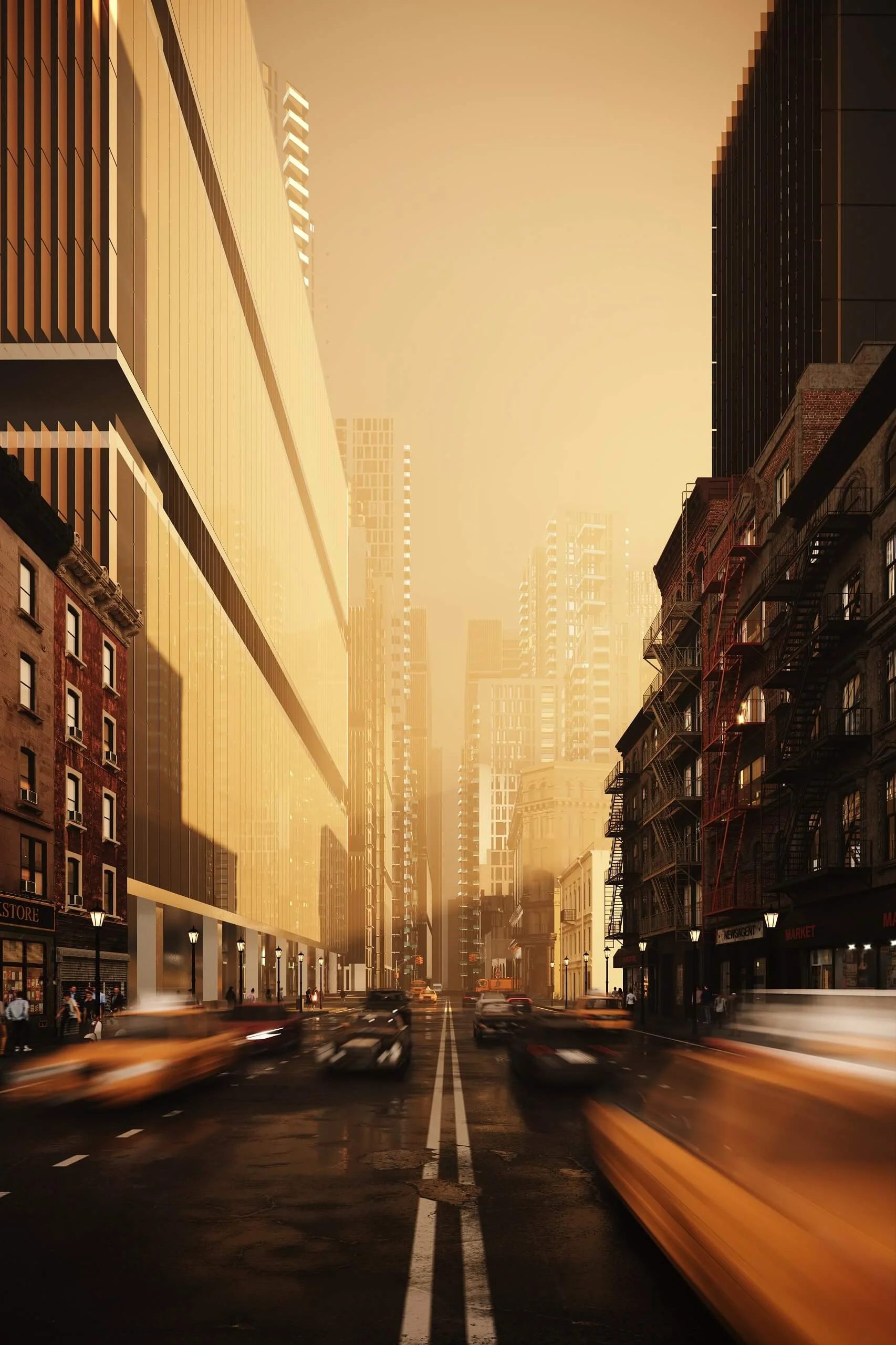 Architectural 3D rendering of a downtown Chicago streetscape with modern towers and urban motion blur