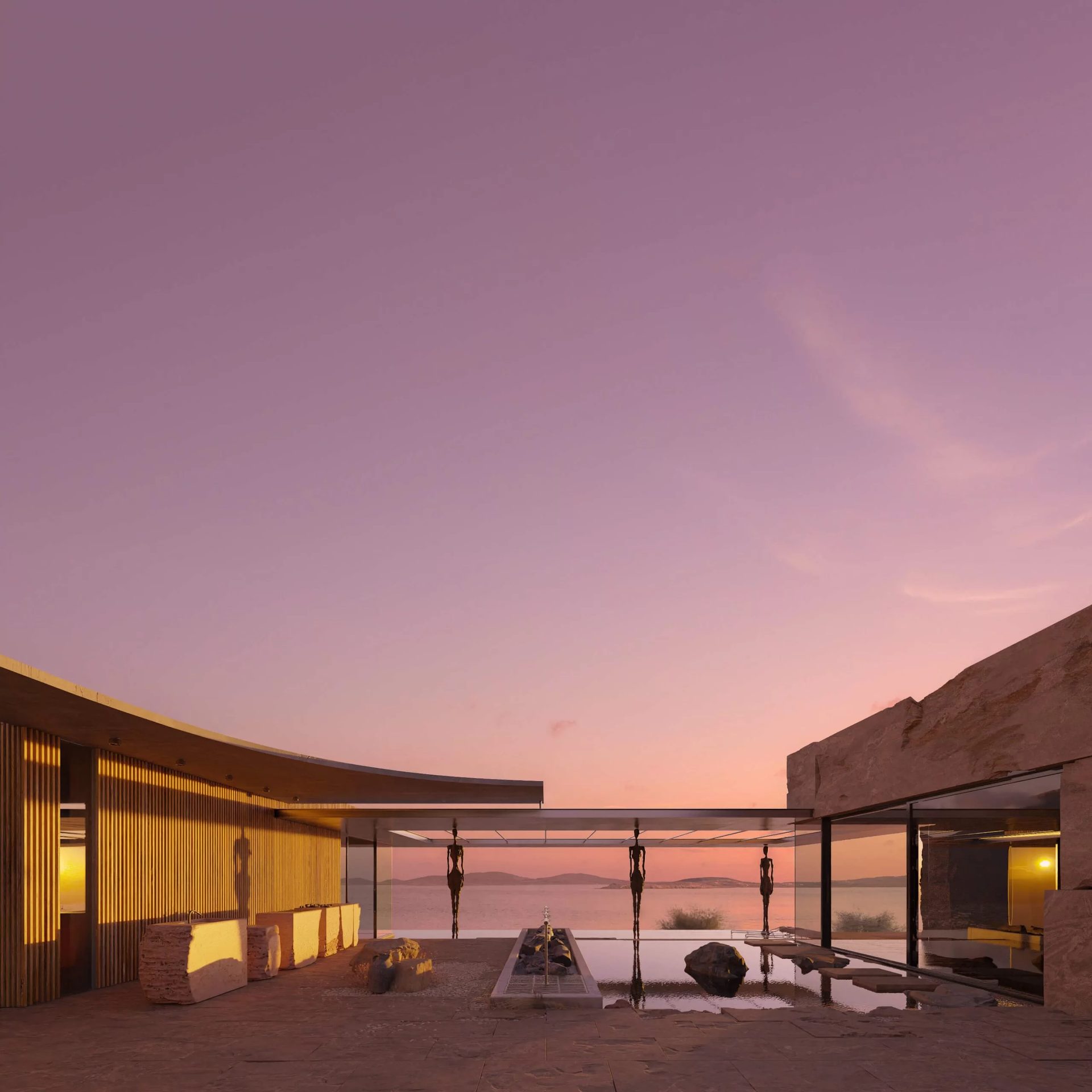 3D rendering of a Los Angeles desert courtyard residence with infinity pool and panoramic sunset views