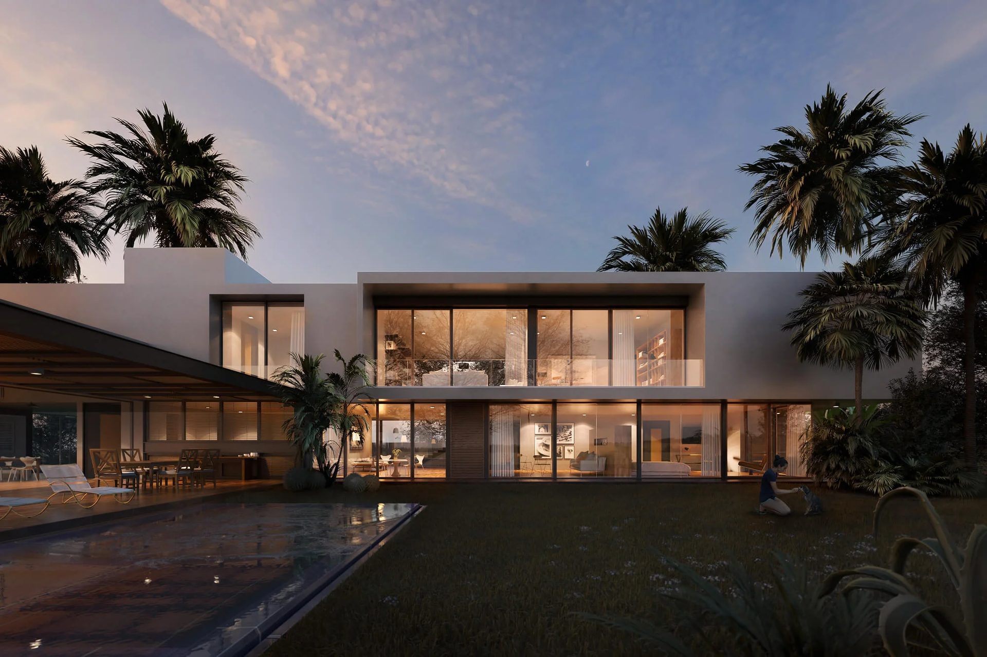 Architectural 3D rendering of a modern Los Angeles villa with a pool and illuminated glass facade at dusk