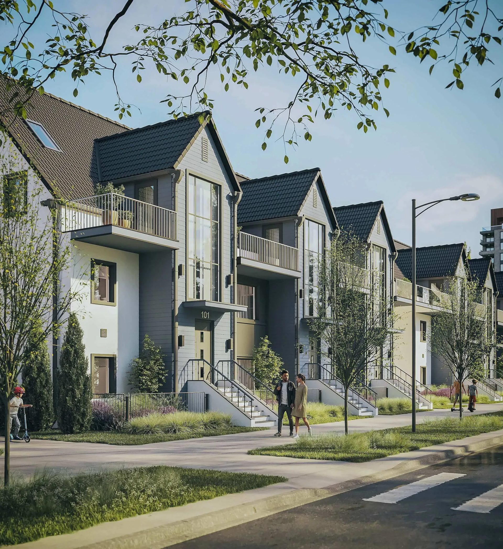 3D rendering of a Vancouver low-rise townhouse row with gabled roofs, balconies, and a tree-lined sidewalk.