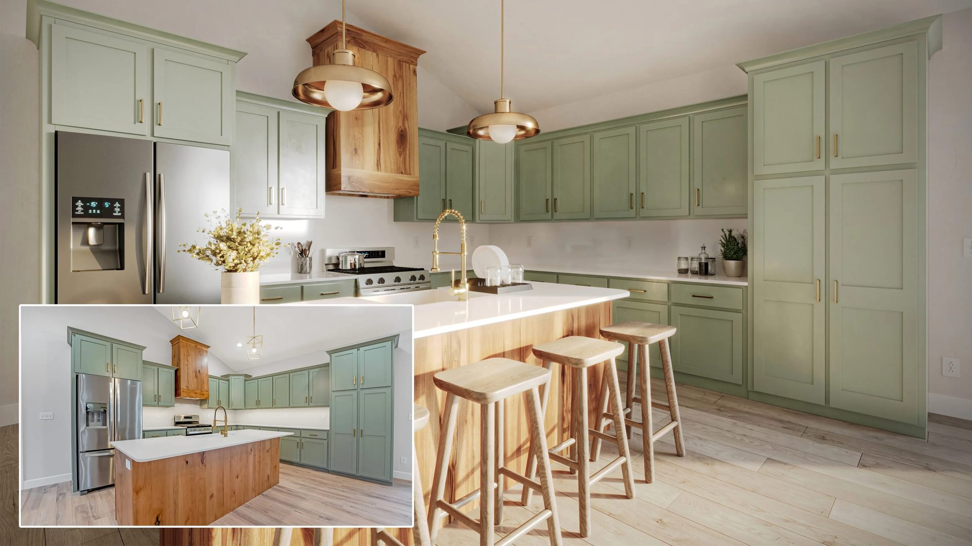 Photomontage 3D rendering of a Los Angeles kitchen remodel with sage green cabinets and wood island
