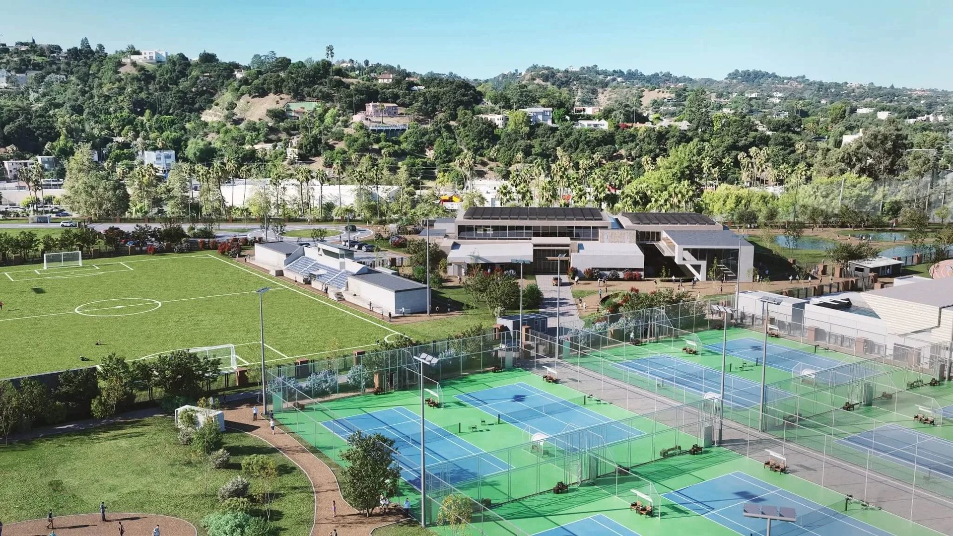 Aerial 3D rendering of a Los Angeles sports complex featuring tennis courts, soccer fields, and public green space