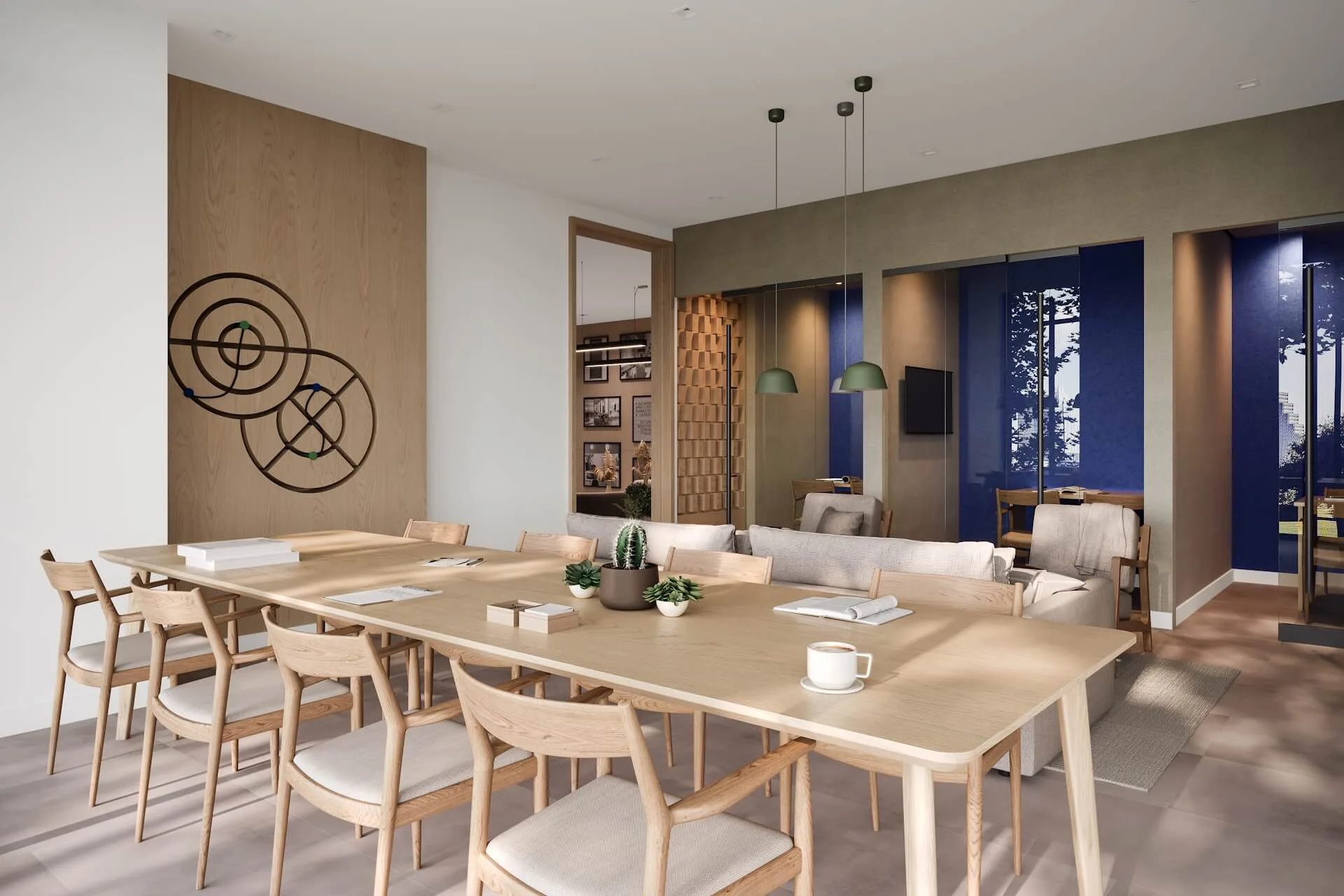 3D rendering of a Toronto apartment complex lounge with a long wooden meeting table, sofa and modern wall art