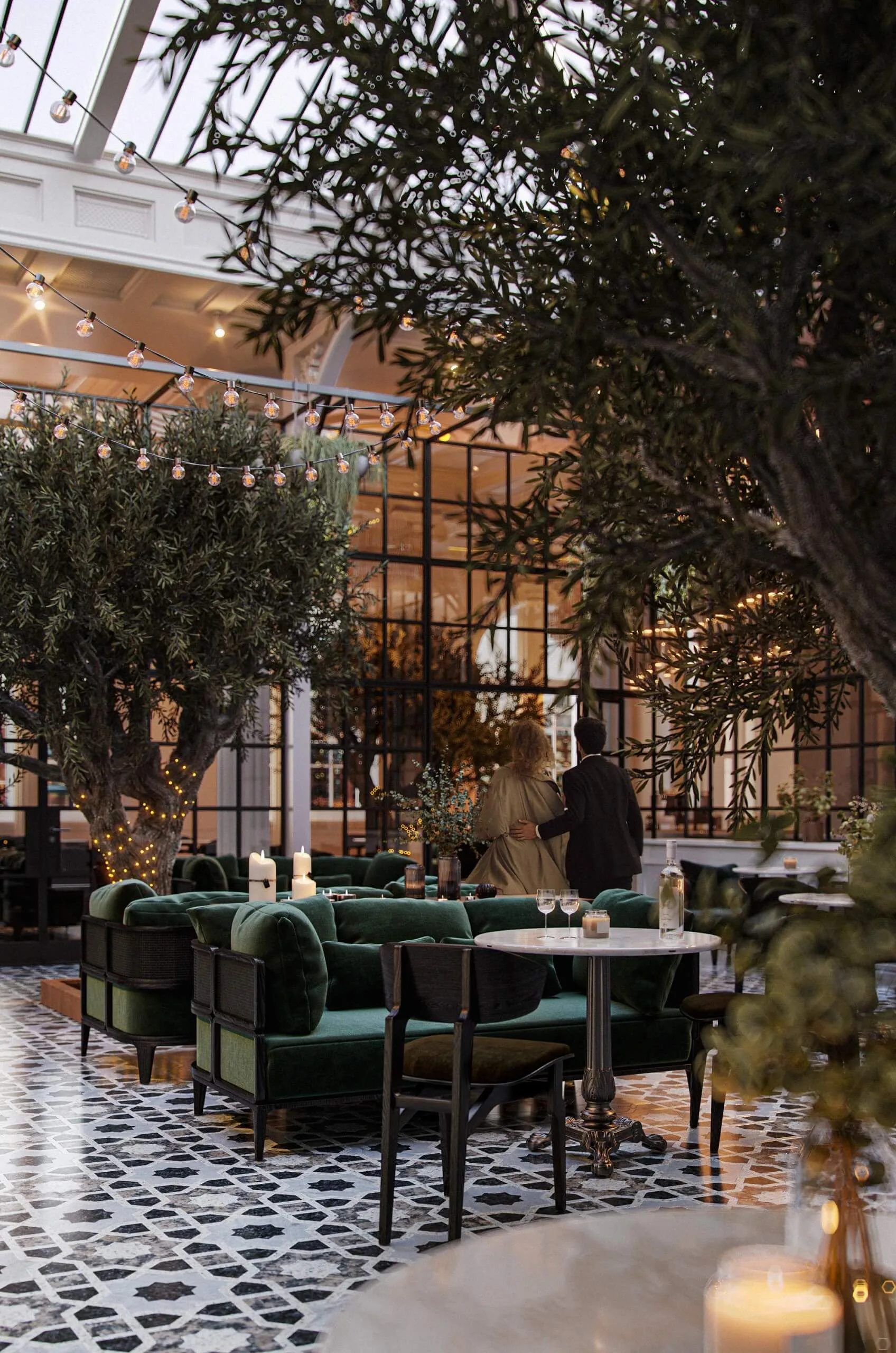 Architectural rendering of an elegant restaurant terrace with olive trees and ambient evening lighting