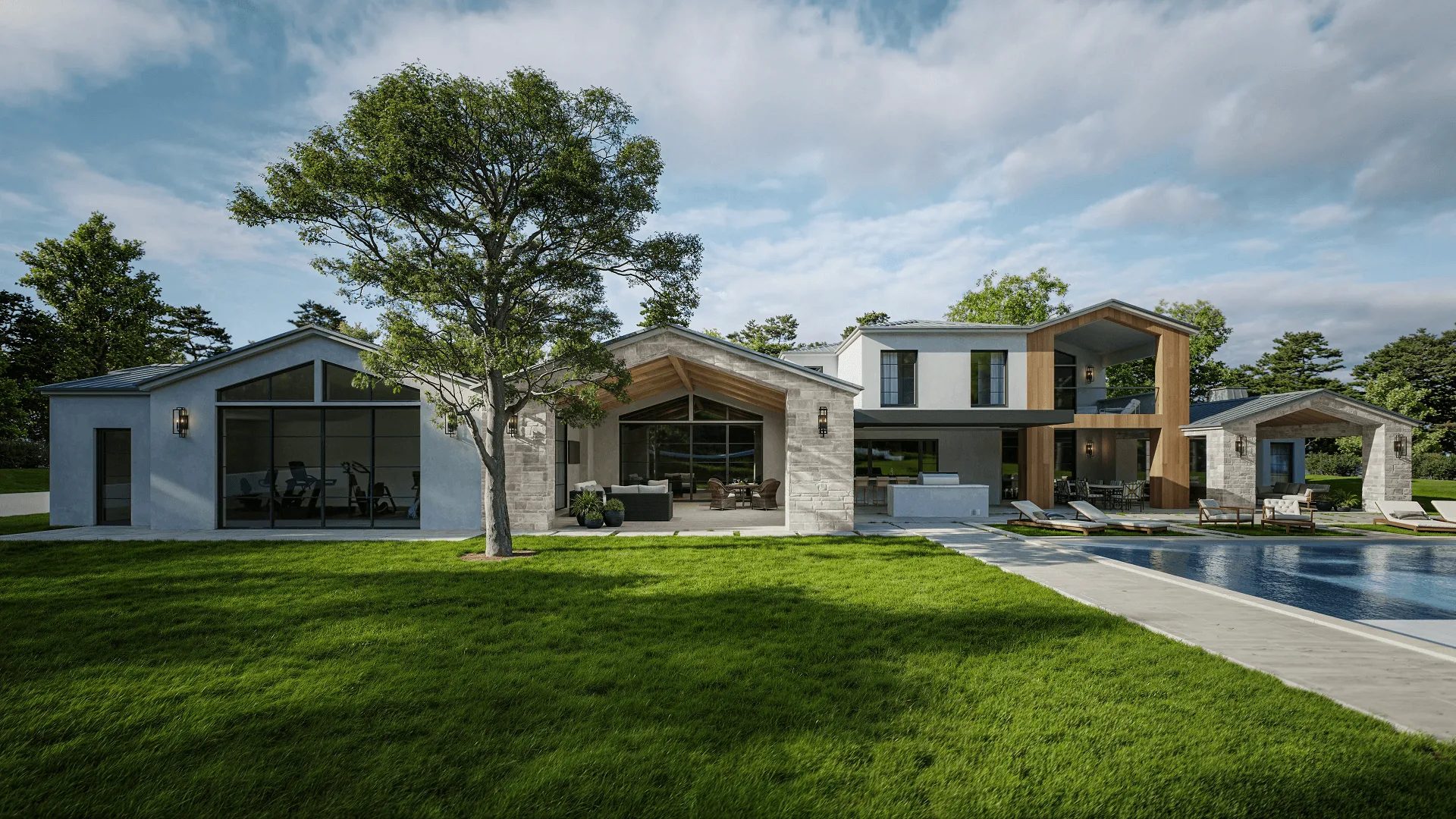 Contemporary residence 3D exterior rendering with pool, stone and wood facade, and landscaped lawn