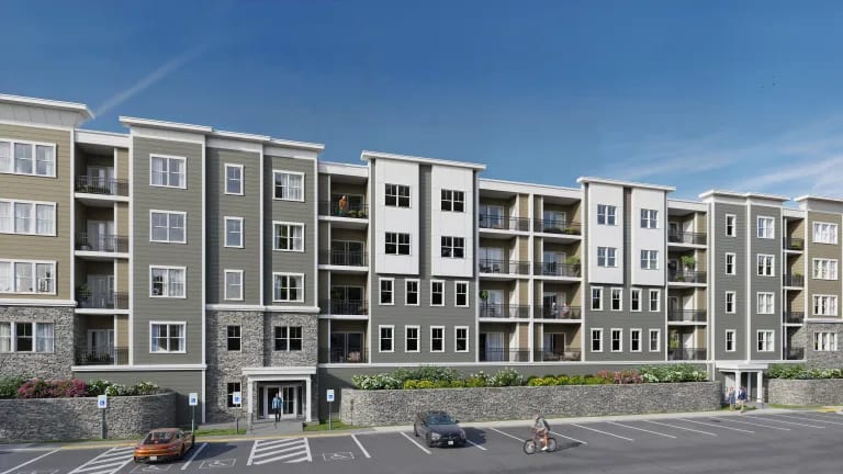 Architectural 3D rendering of a Chicago apartment complex with parking area and mid-rise residential facades