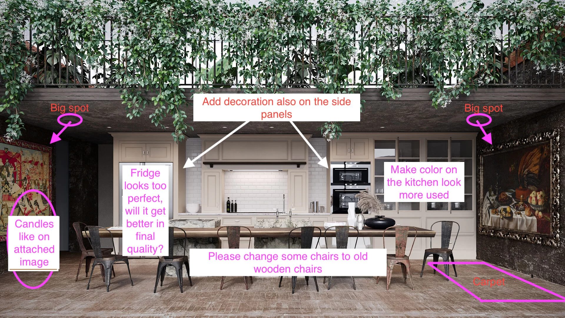 Annotated 3D rendering of a kitchen interior with client feedback markups showing revision requests