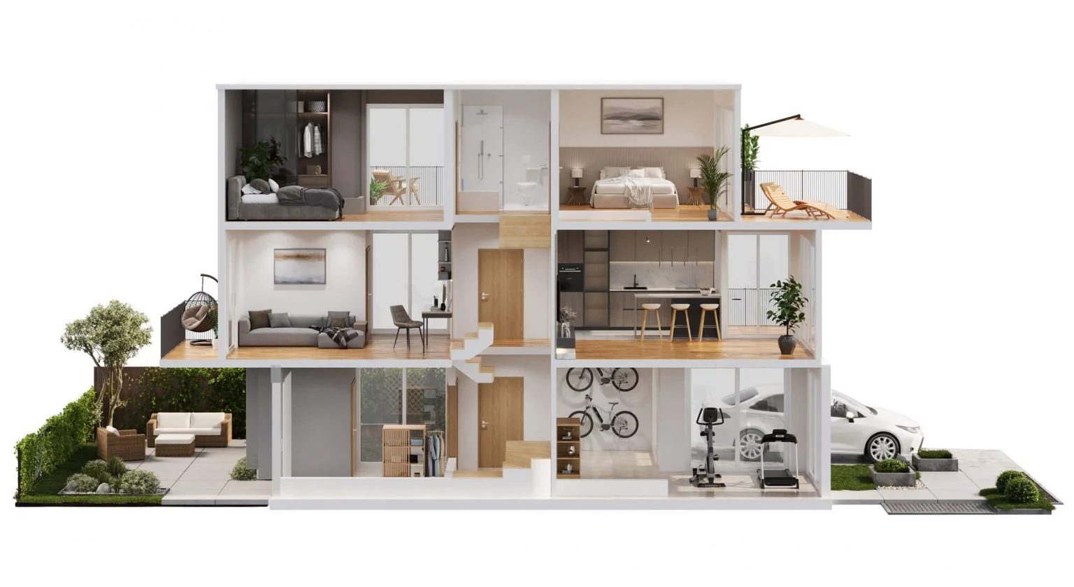 3D dollhouse rendering of a Chicago townhouse interior with furnished rooms, garage space, and cutaway floors