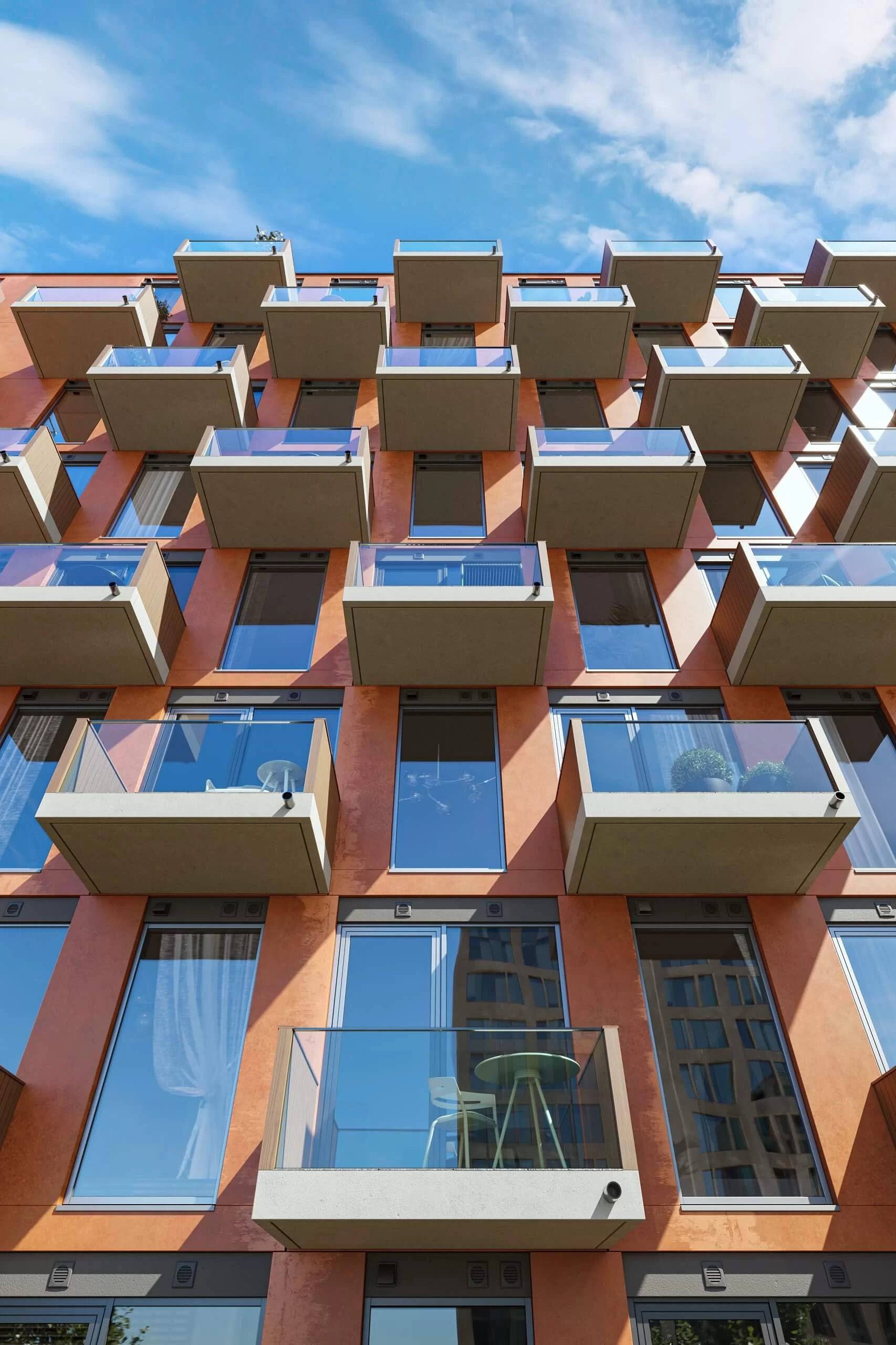 Close-up 3D rendering of a modern residential tower facade with balconies for Boston development marketing