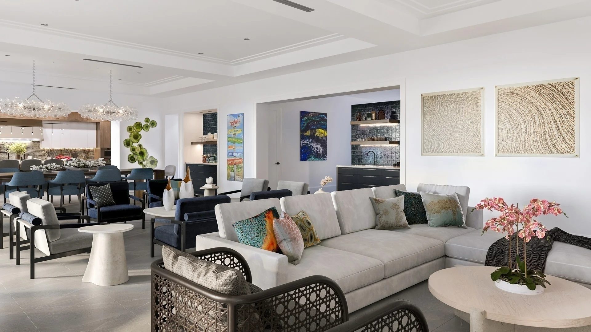 Interior 3D visualization of a Florida living room and dining area