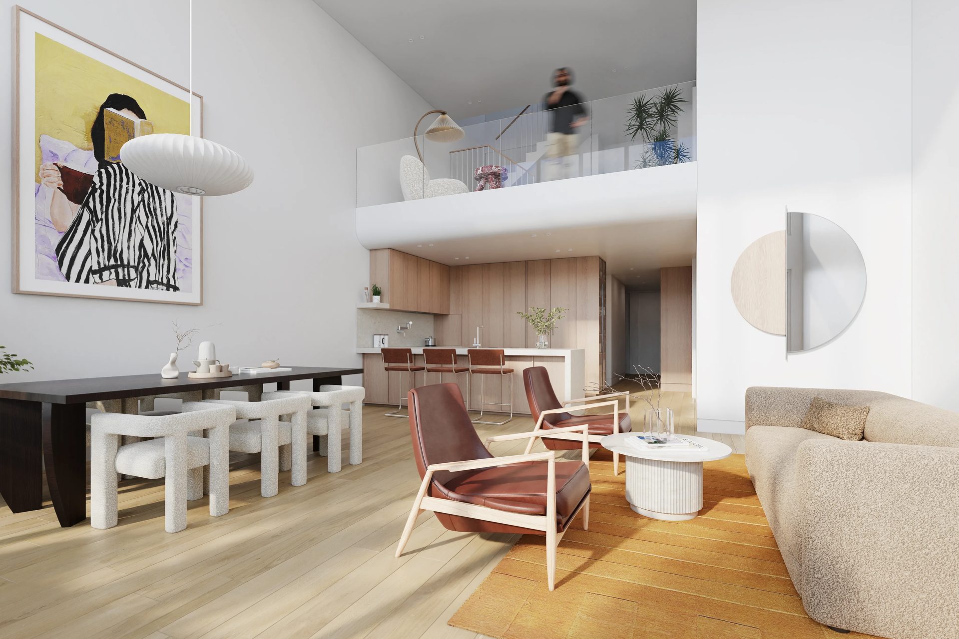 Double height living area with mezzanine, modern furnishings, and natural light in an interior 3D visualisation