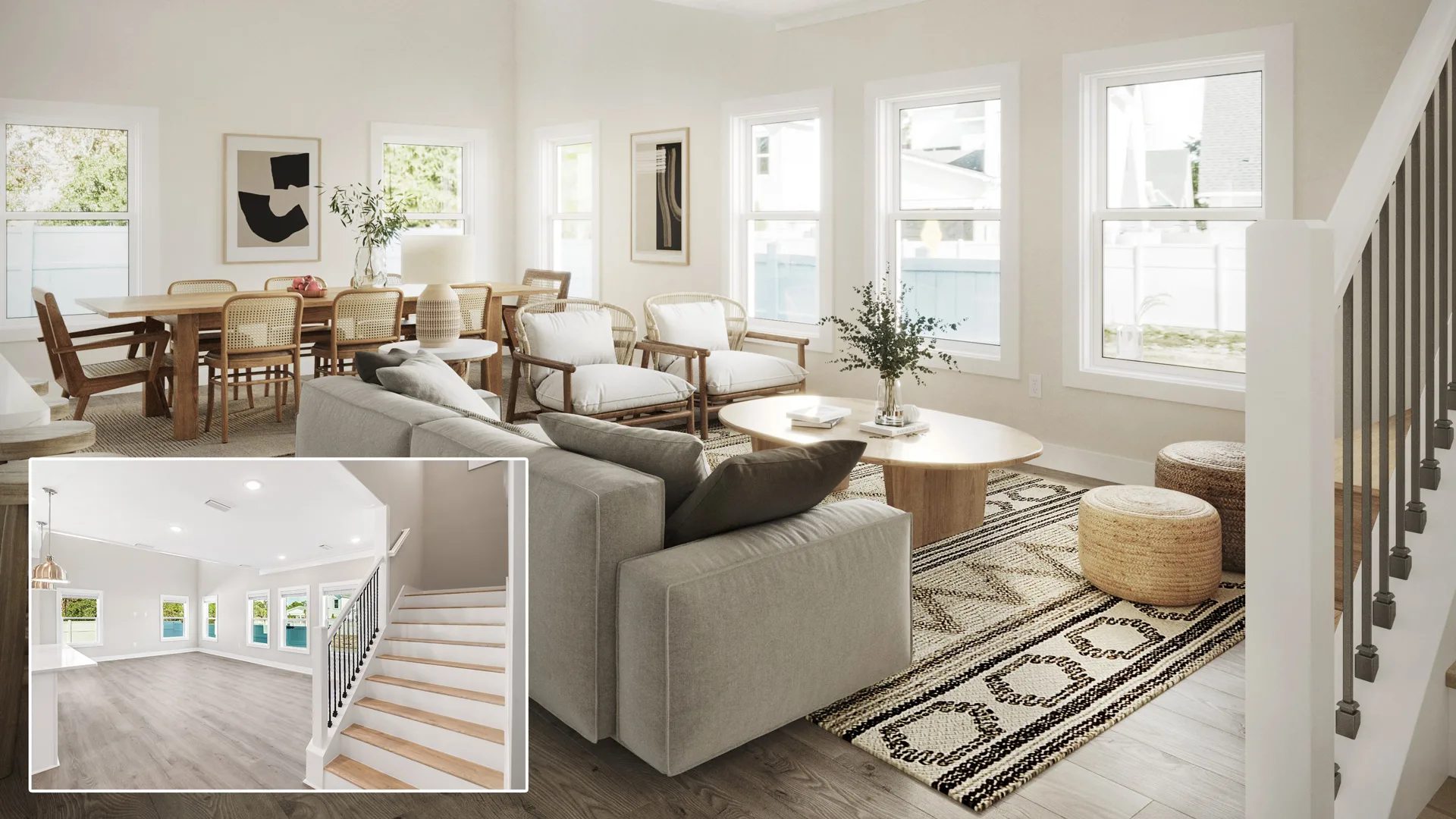 3D virtual staging of a Chicago living room with neutral furniture, large windows, and open dining space