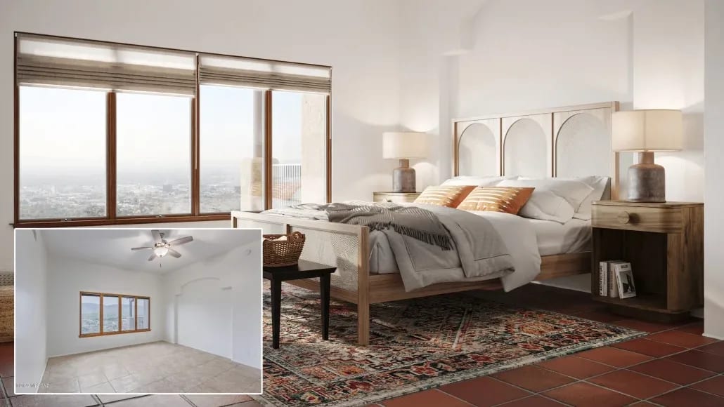 Virtual staging rendering of a bright bedroom with modern furniture