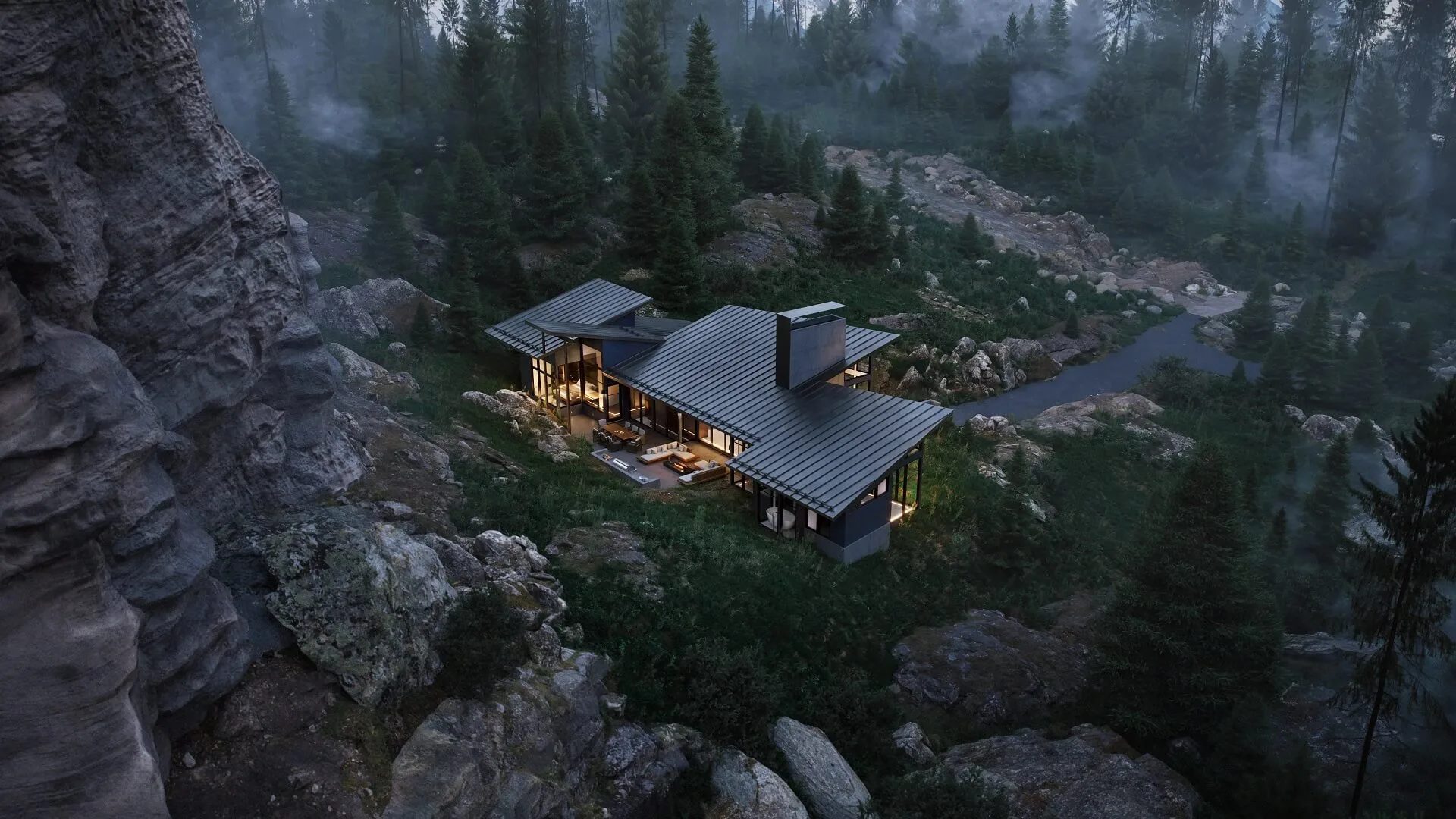 3D rendering of a modern mountain residence with standing seam metal roof nestled among rocks and pine trees at dusk