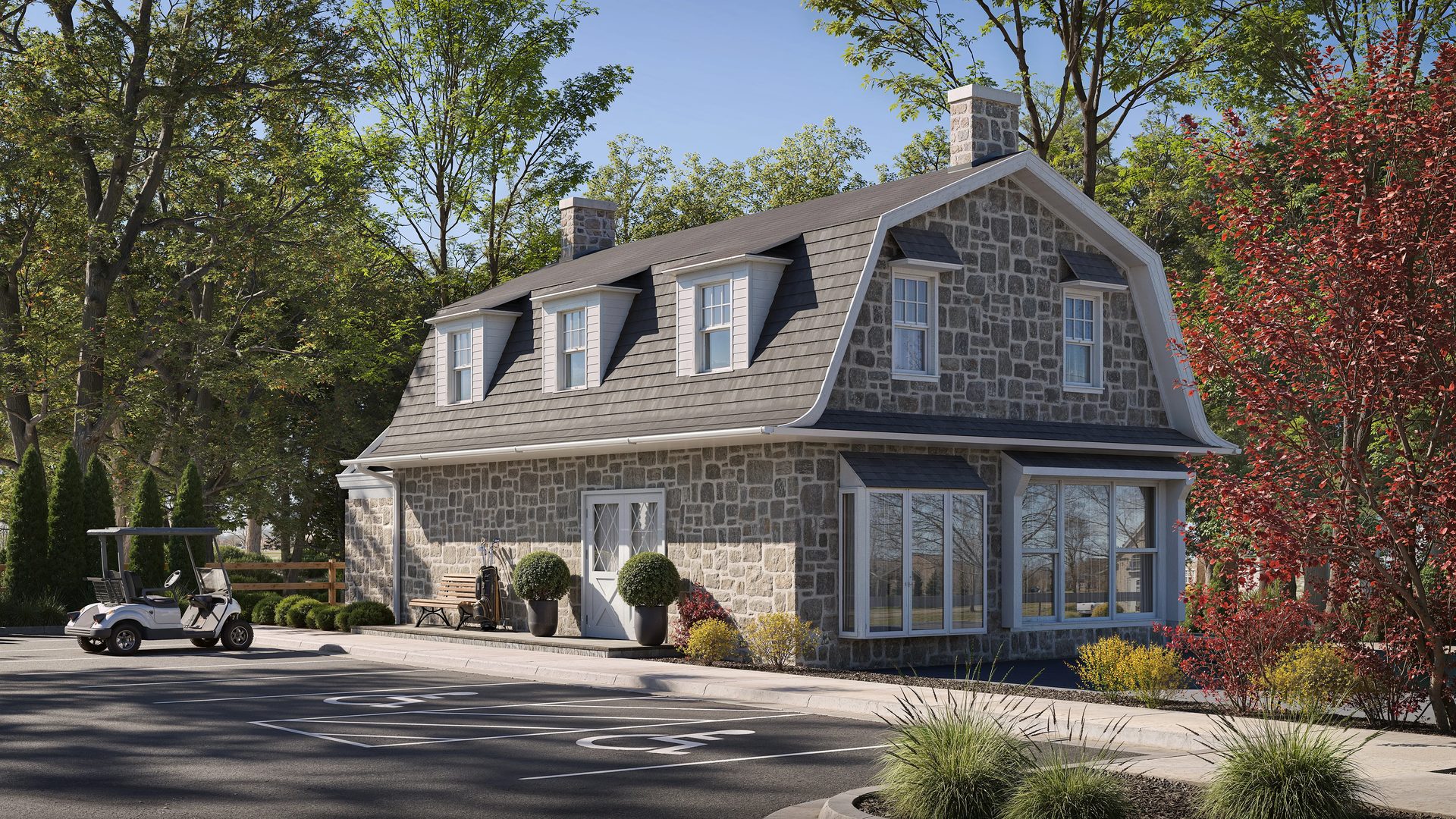 Architectural 3D visualization of a stone-clad fitness facility with gambrel roof, dormer windows, golf cart parking, and landscaped surroundings