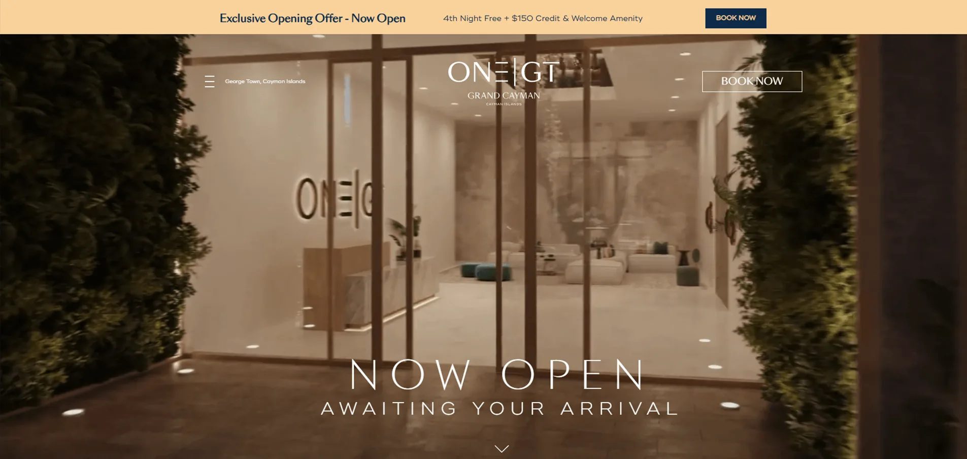 One GT Hotel 3D visualization displayed in a homepage hero section announcing the hotel opening