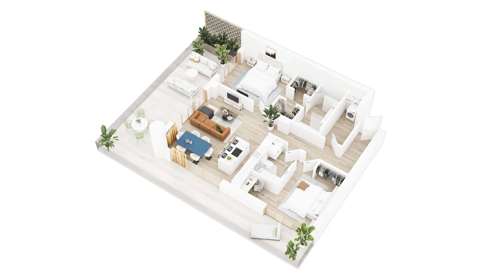 3D Floor Plan Rendering of a luxury hotel suite with multiple bedrooms, terrace seating, and open kitchen