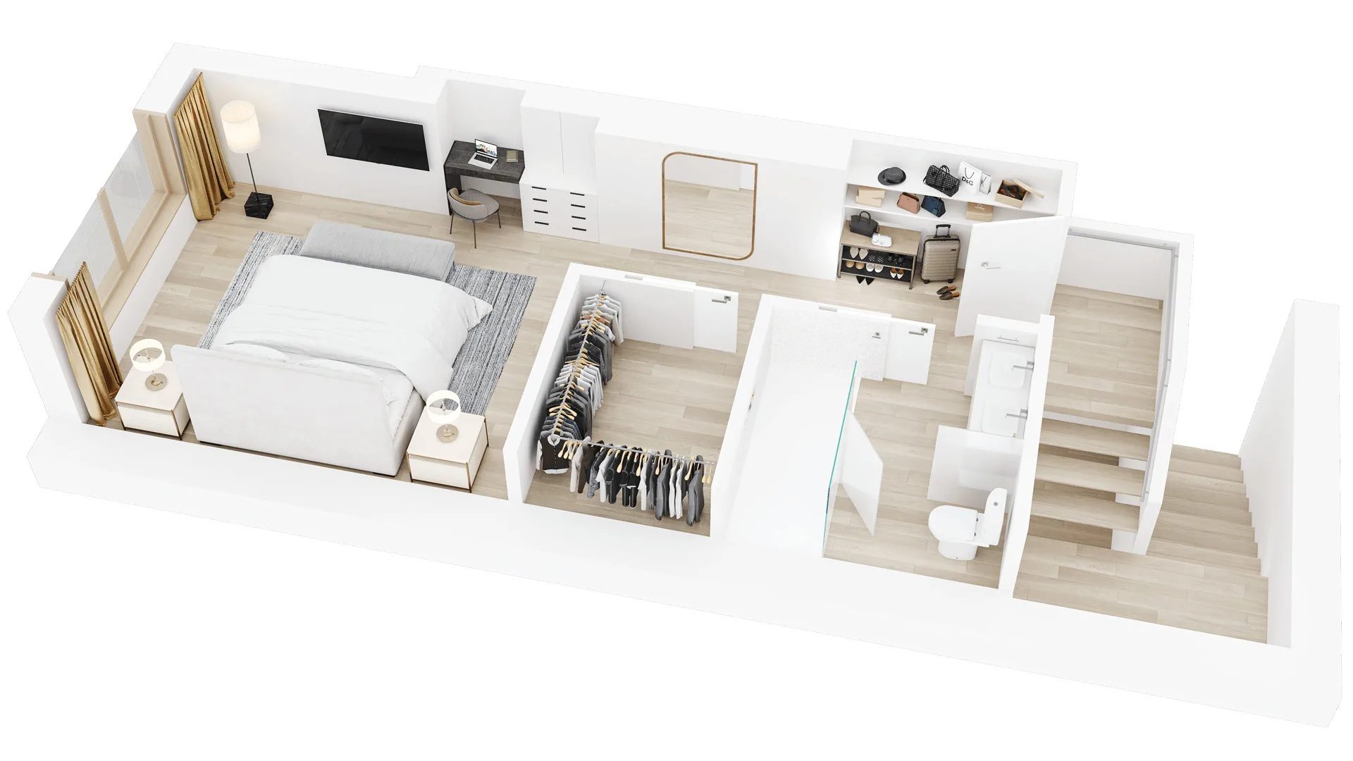 3D Floor Plan Visualization of a spacious hotel bedroom suite with walk in wardrobe and bathroom