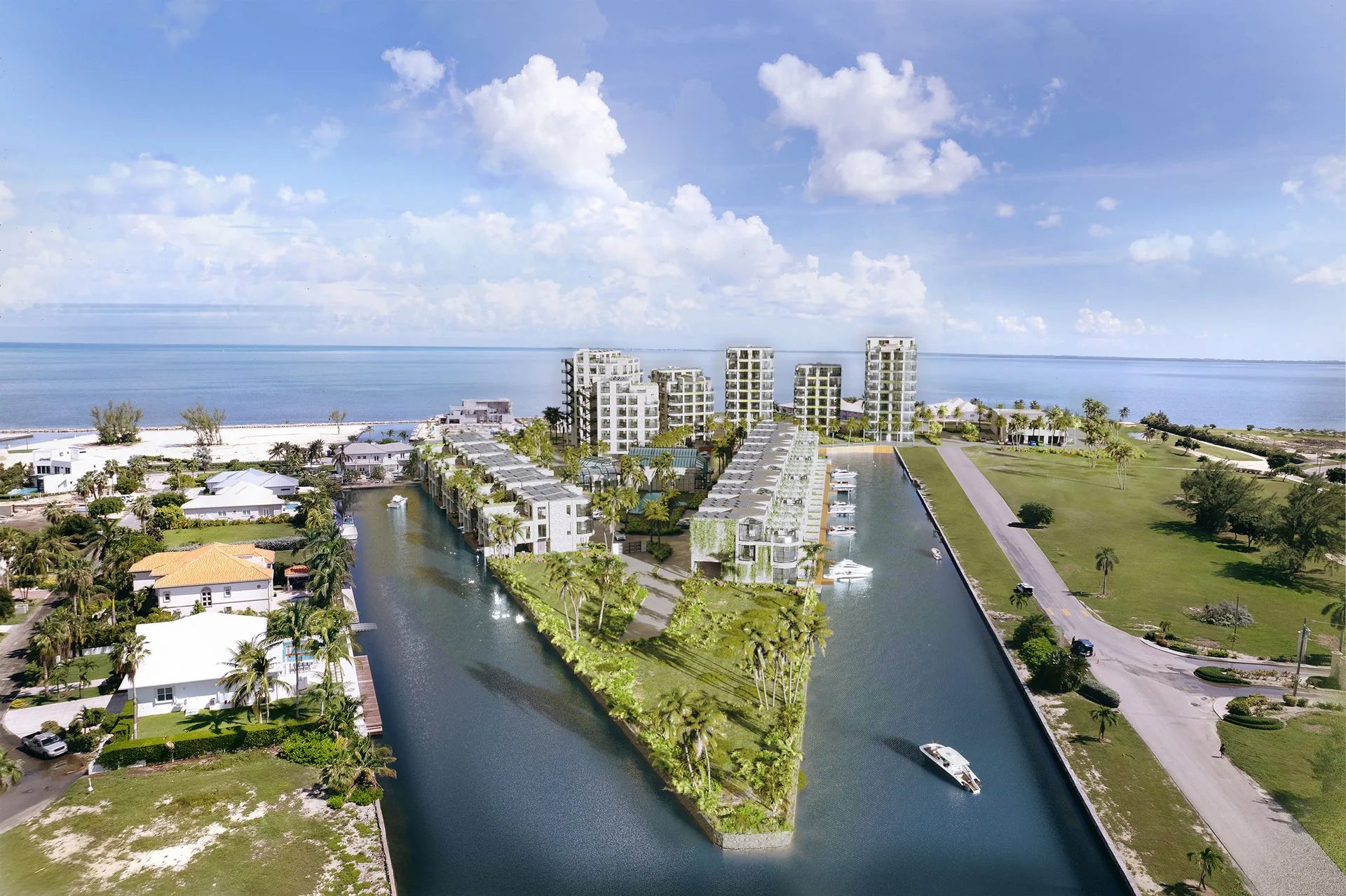 Canalfront hotel townhouses extend toward the Caribbean shoreline with private docks shown in a 3D visualization