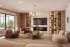 Architectural 3D visualization of a warm-toned living room with tufted lounge chairs, marble fireplace wall, built-in oak bookshelves, brass chandelier, and garden view