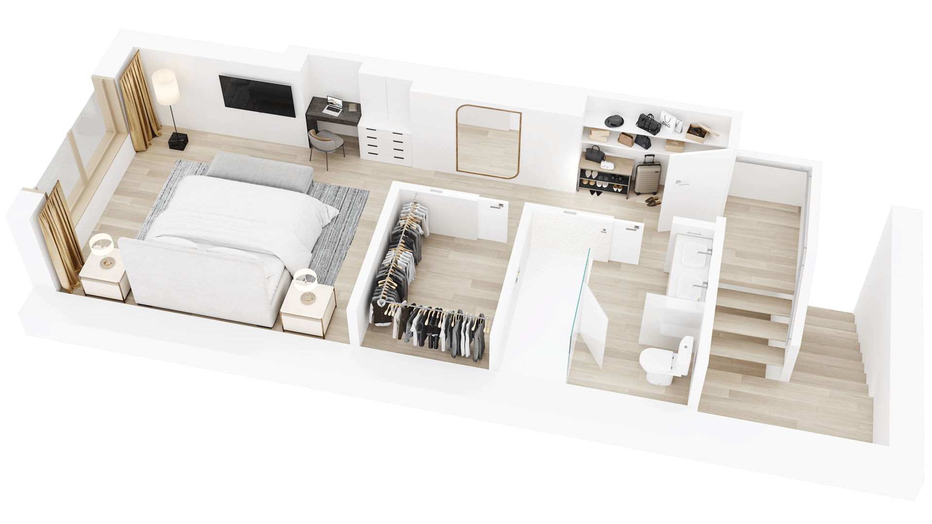 3D floor plan of a master suite level with king bedroom, walk-in closet, dressing area, freestanding tub, and staircase
