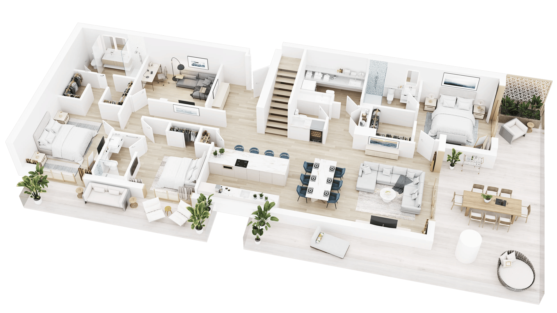 3D floor plan of a large multi-bedroom apartment with central staircase, kitchen island, formal dining area, and master suite with terrace