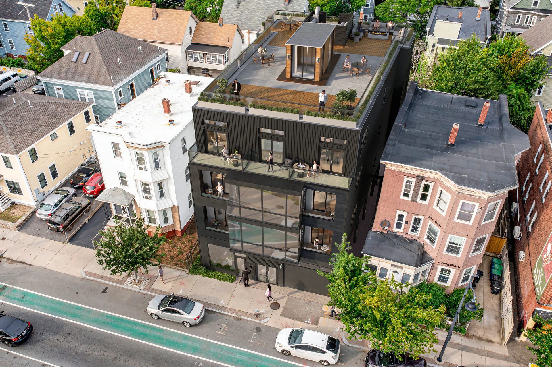 Architectural 3D visualization of a modern dark-clad multifamily building with glass facades, rooftop terrace, and balconies seen from an aerial perspective in an urban residential neighborhood