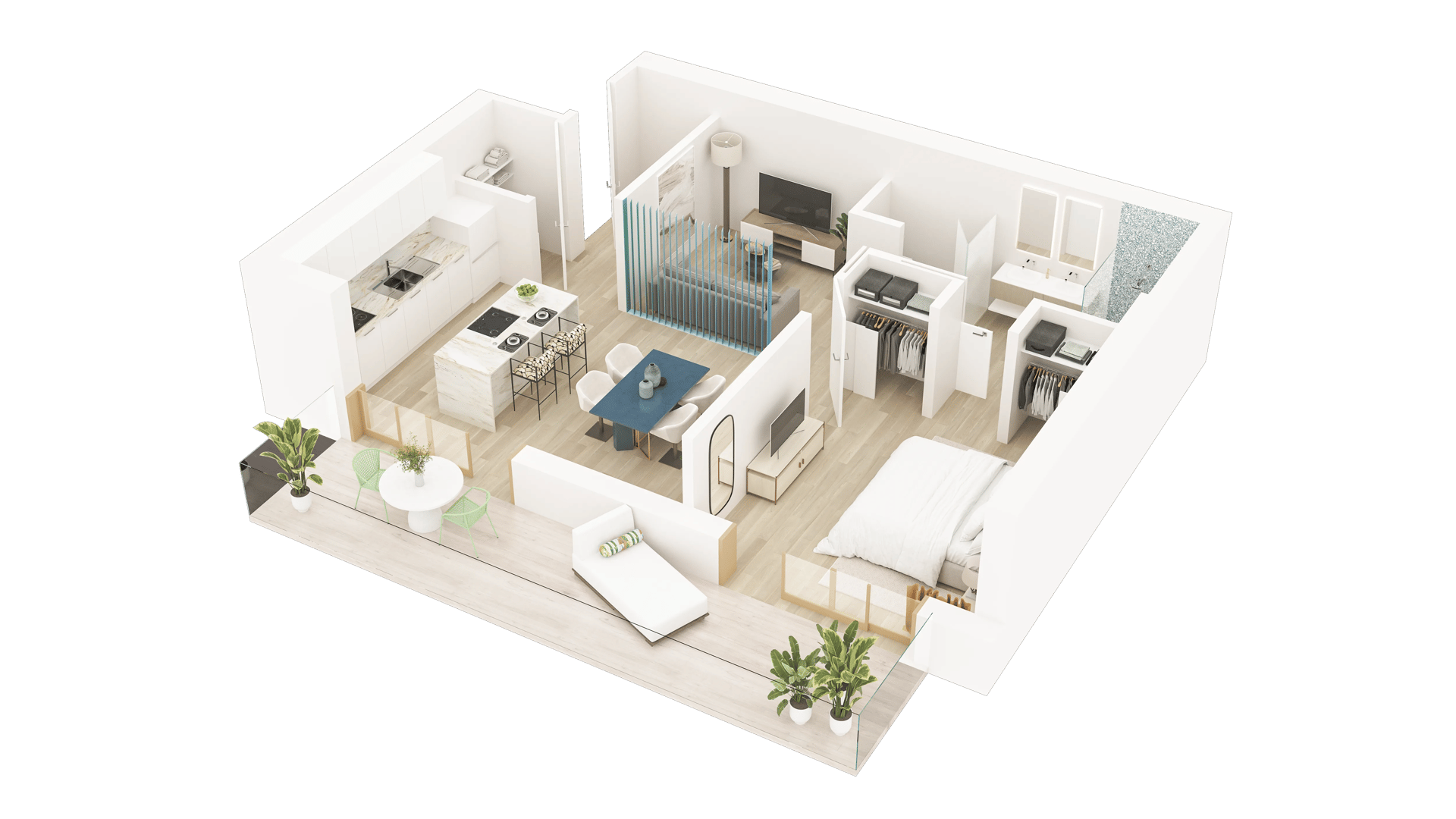 3D floor plan of a one-bedroom apartment with kitchen island, dining area, teal room divider, and plant-filled balcony