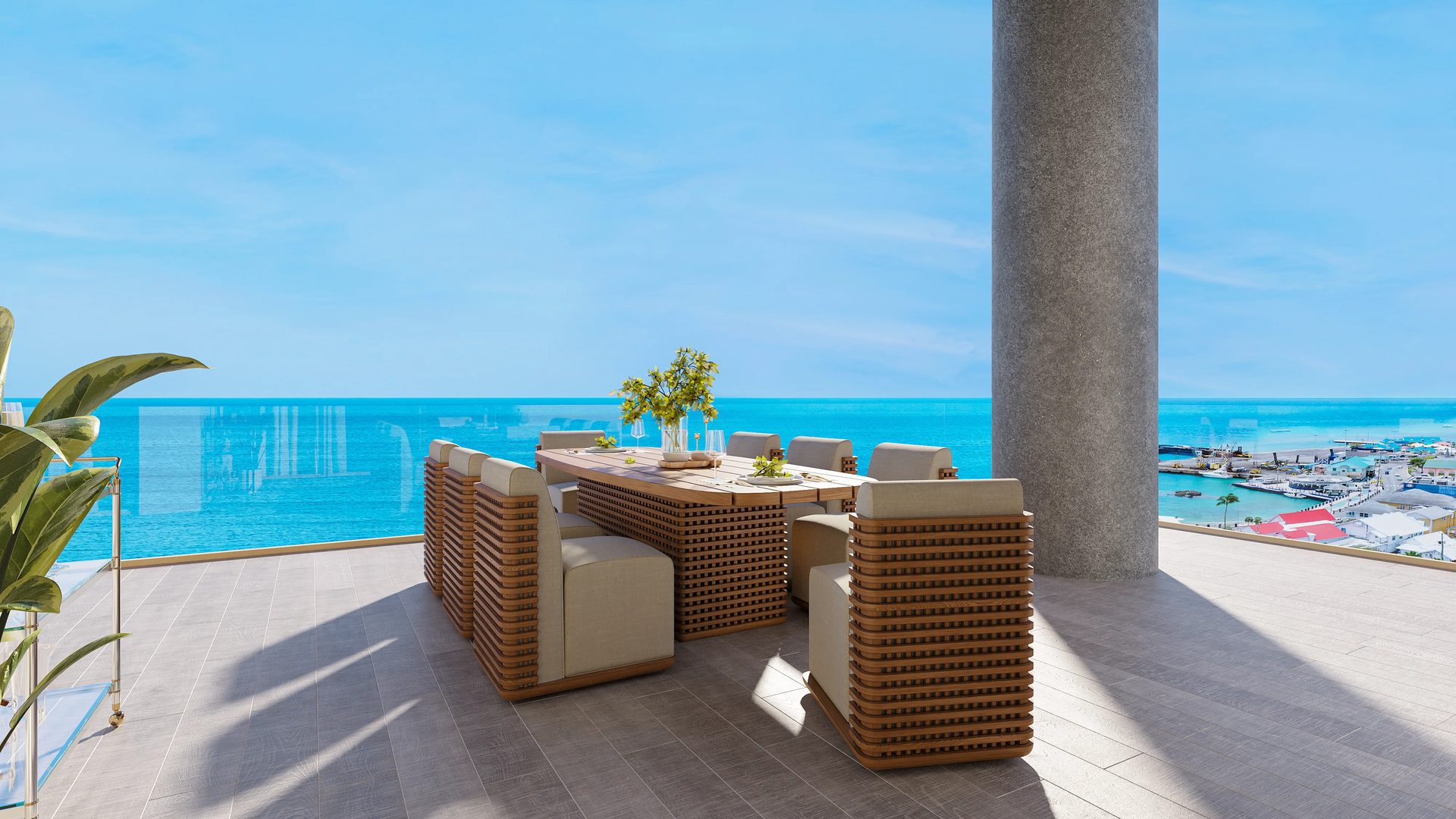 Architectural 3D visualization of a penthouse terrace with slatted outdoor dining set, glass balustrade, concrete column, and panoramic ocean and marina views