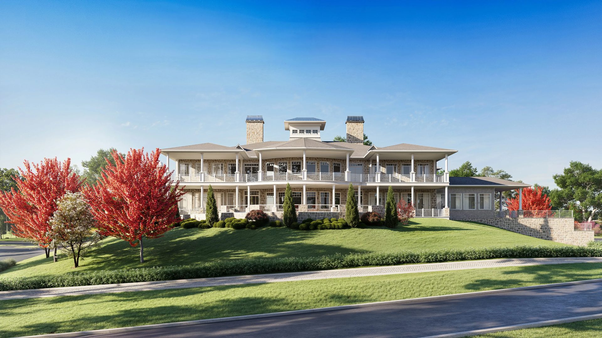 Exterior rendering of a stone clubhouse with wraparound porches, Indian Hills Preserve, Long Island NY