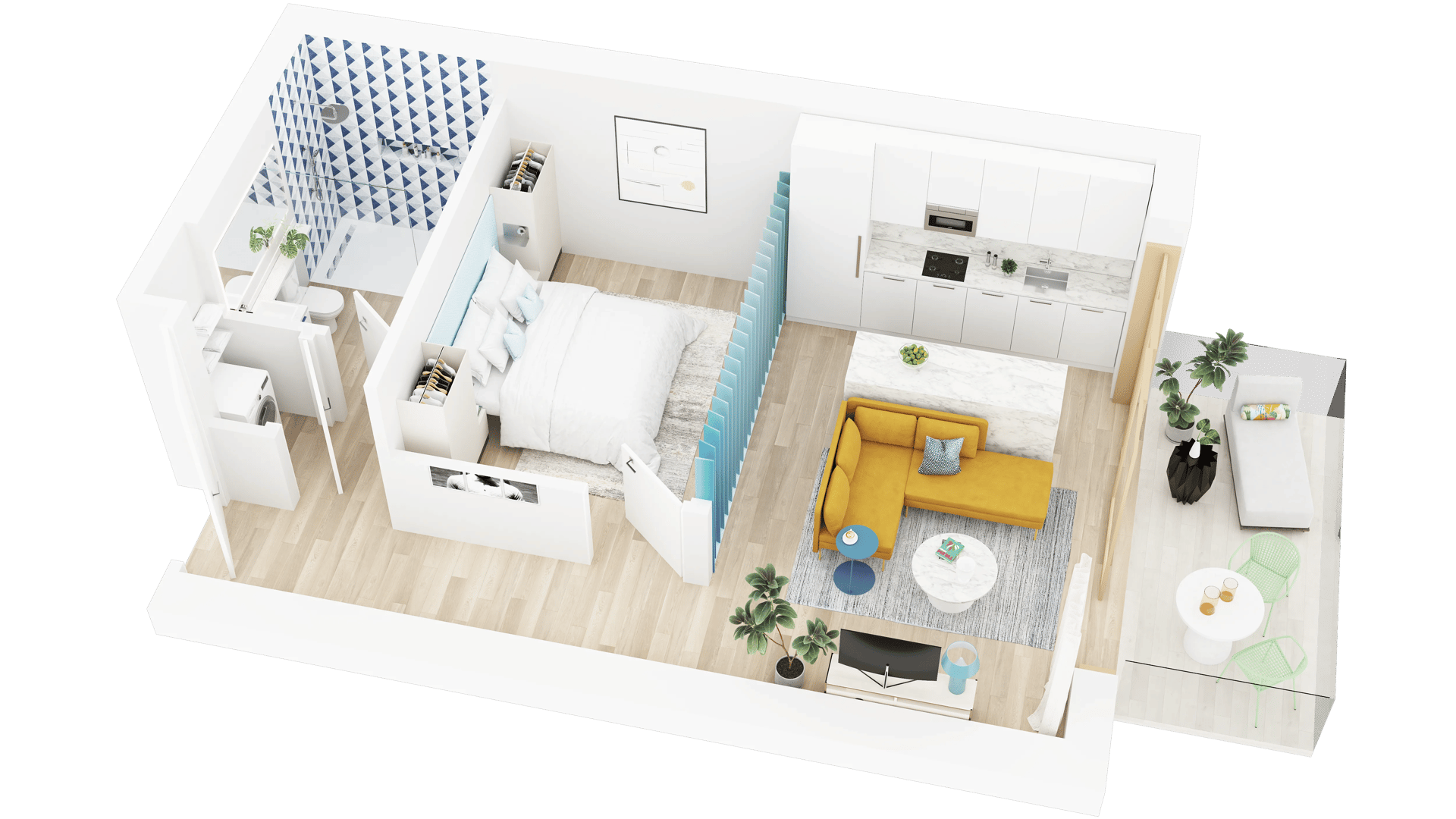 3D floor plan of a studio apartment with blue slatted divider, mustard sofa, galley kitchen, and small balcony