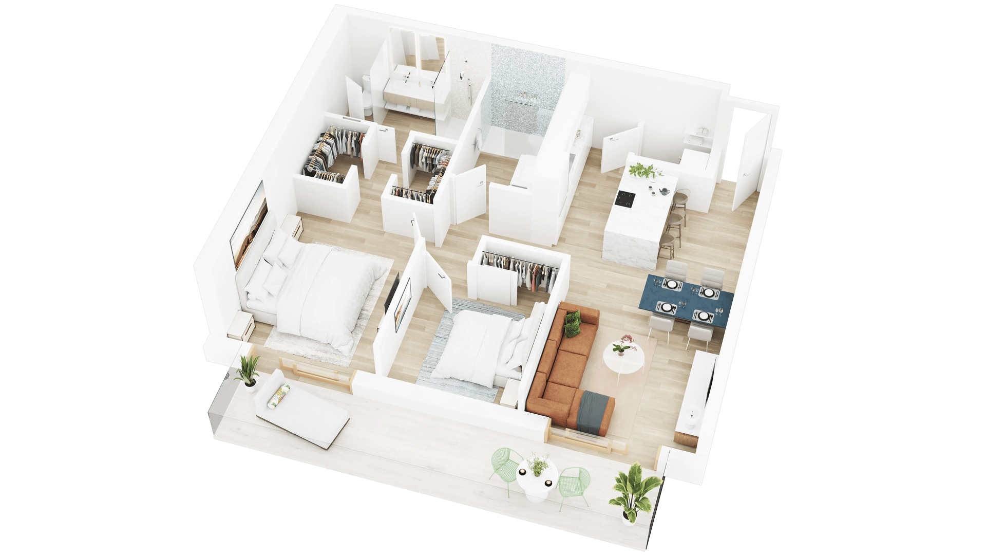 3D floor plan of a two-bedroom apartment with side-by-side bedrooms, walk-in closets, kitchen island, and balcony