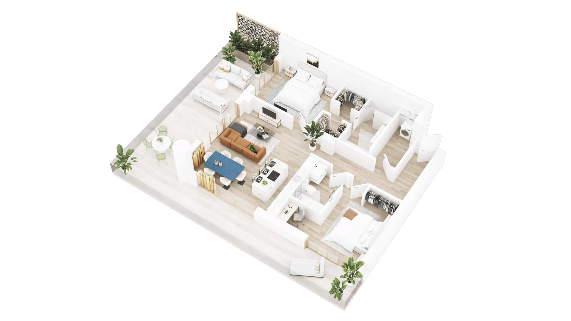 3D floor plan of a two-bedroom apartment with open-plan living and dining area, patterned accent screen, and wraparound balcony