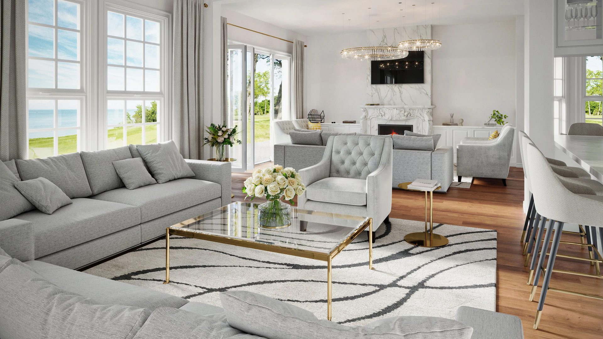 3D visualization of a bright open plan living room with ocean views in a Huntington luxury residence