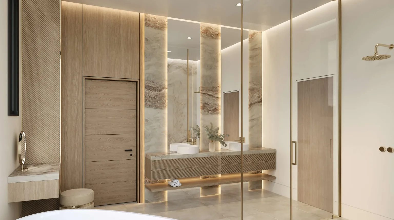 Bathroom interior rendering with freestanding bathtub and stone finishes