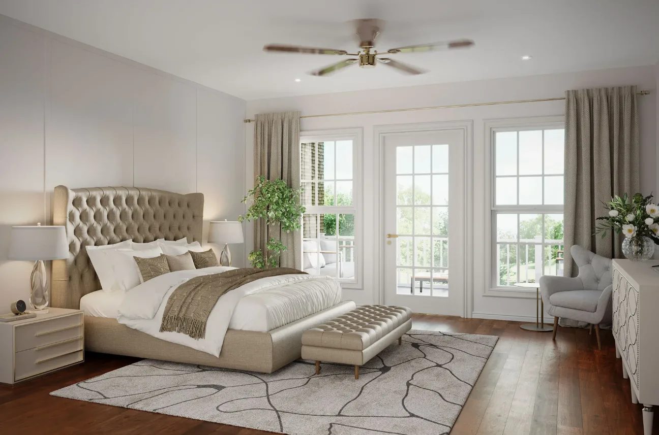 Bedroom 3D rendering with upholstered bed and layered textiles