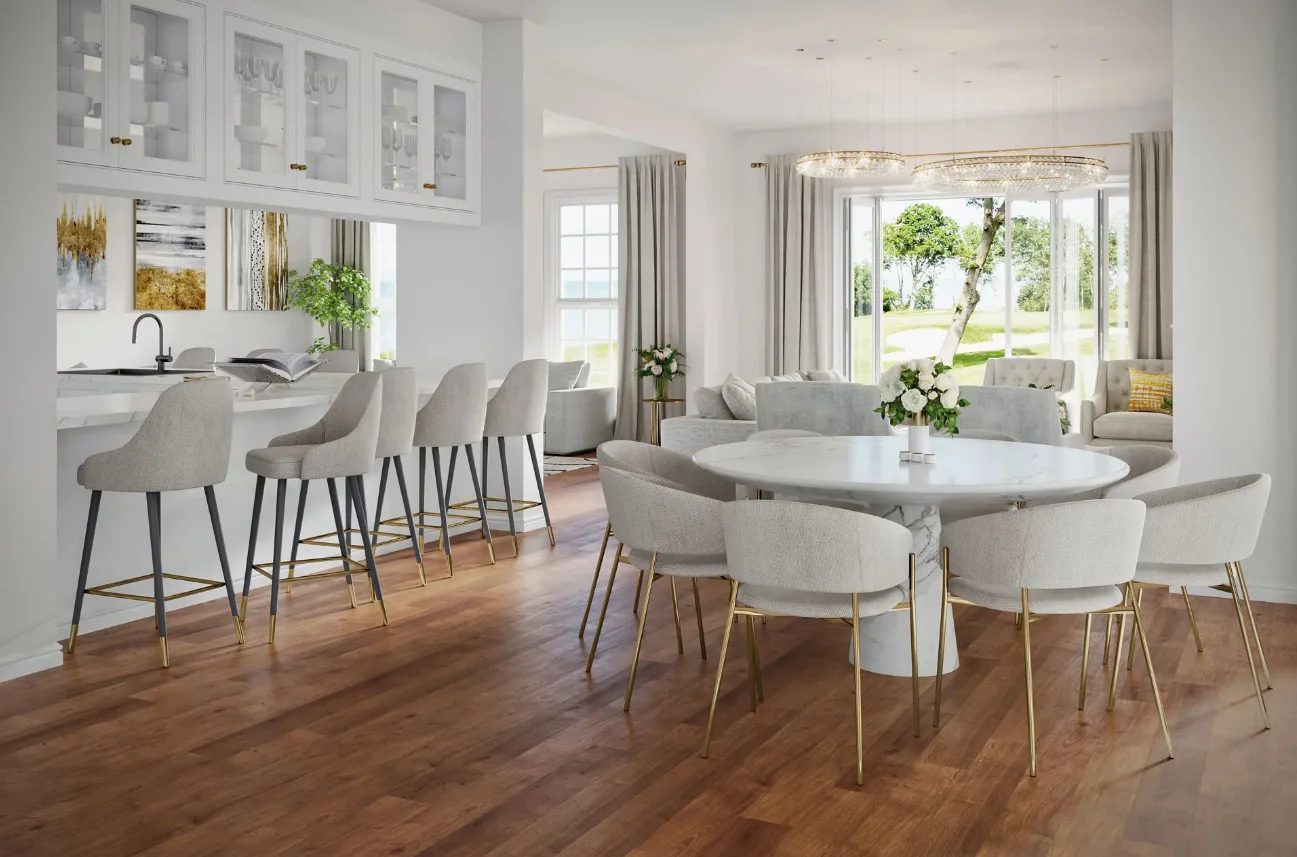 Dining room rendering with designer lighting and wood dining table