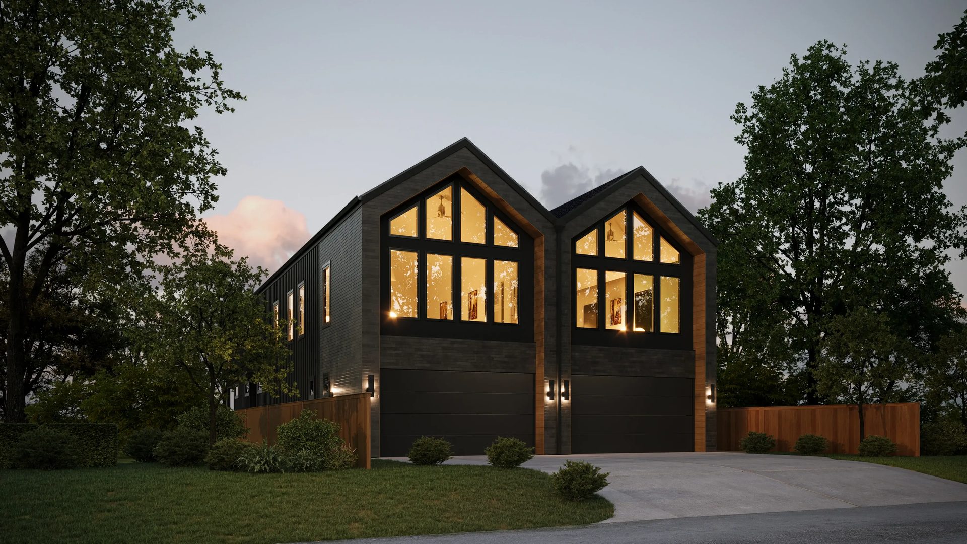Dusk exterior 3D rendering of a dark modular home with double gable roofline and illuminated floor-to-ceiling windows