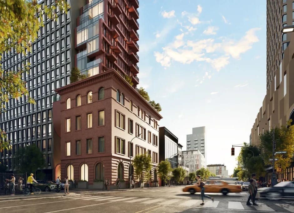 Exterior 3D render of a mixed-use tower with a preserved brick facade on a Lower Manhattan street corner