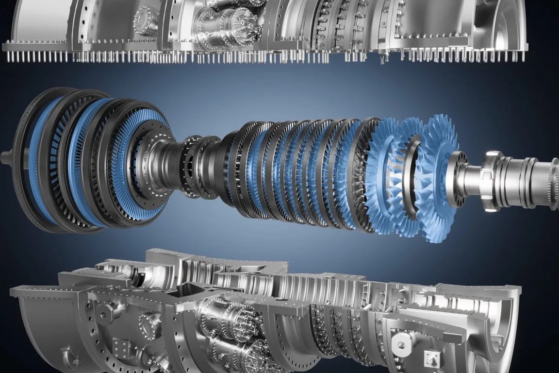 Cutaway 3D rendering of an industrial gas turbine