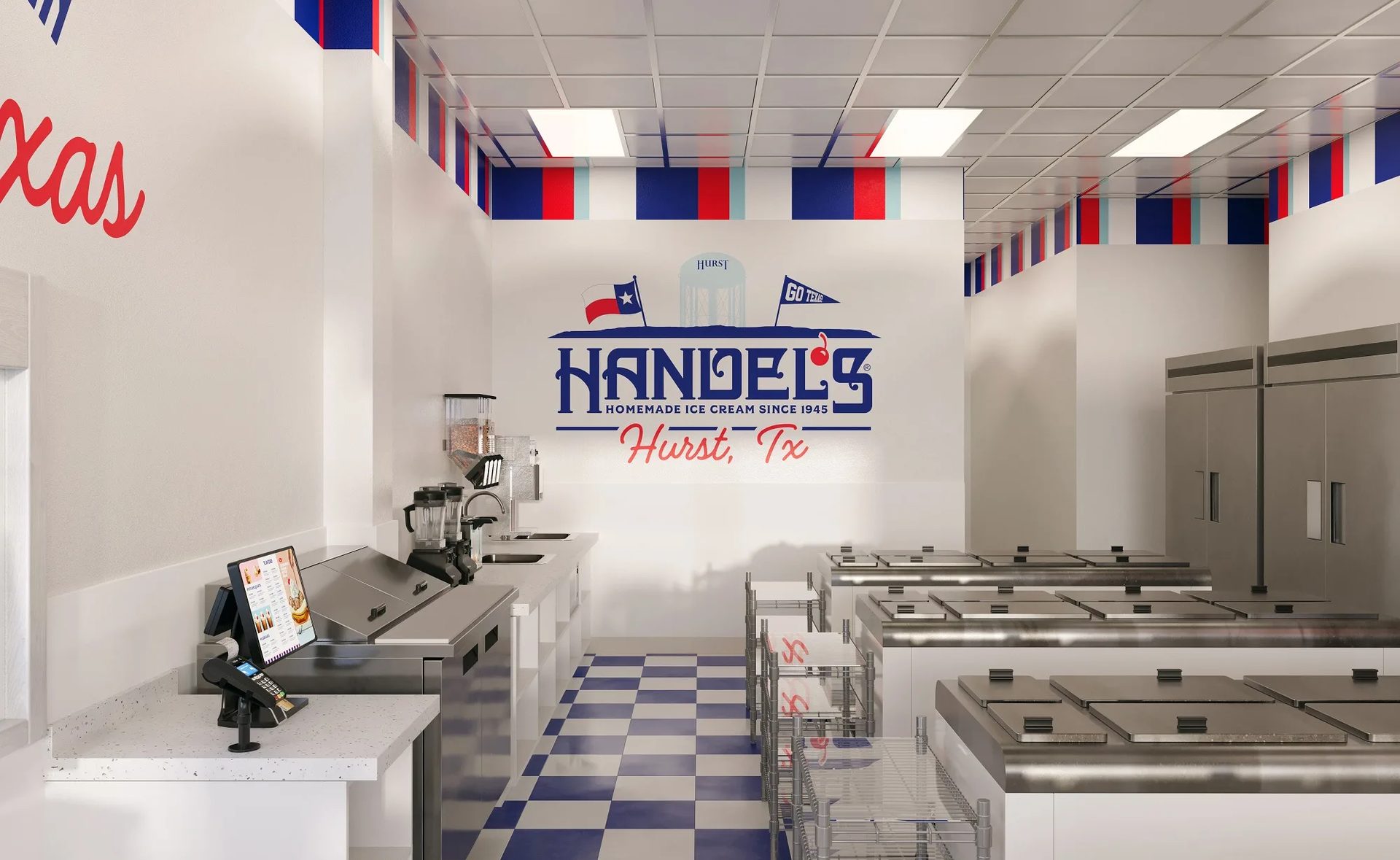Ice cream shop interior 3D rendering — Handel's Hurst, Texas behind-counter view with city skyline wall decal, dipping cabinets, and POS station