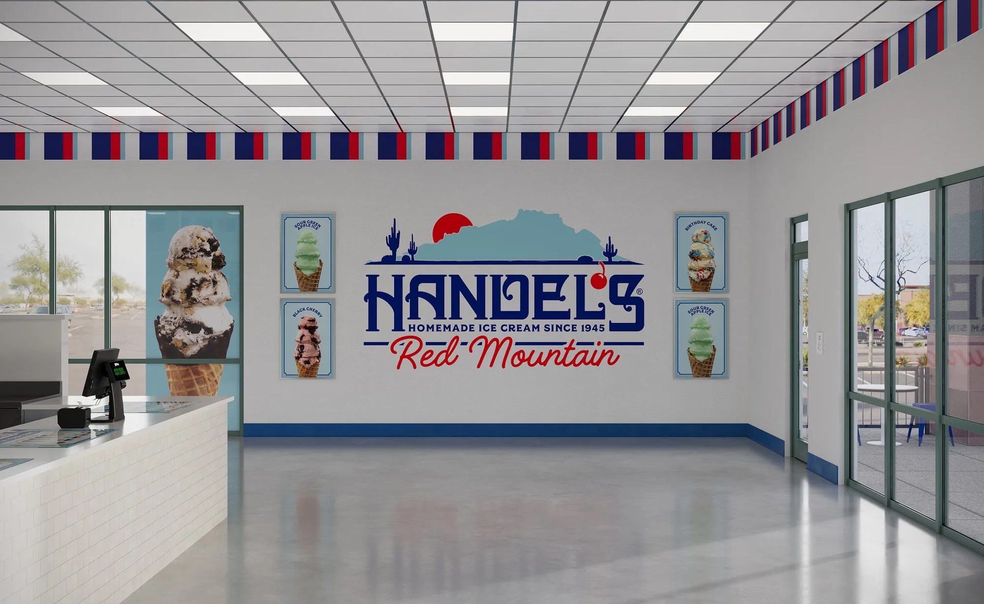 Ice cream shop interior rendering — Handel's Red Mountain, Arizona walk-in with desert skyline wall decal, flavor posters, and service counter