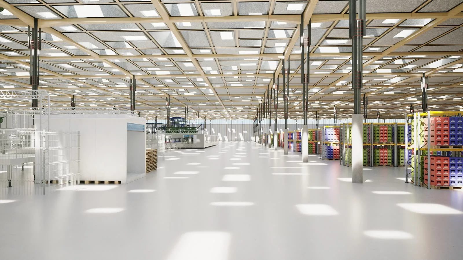 High-bay warehouse 3D rendering with racking systems and loading docks