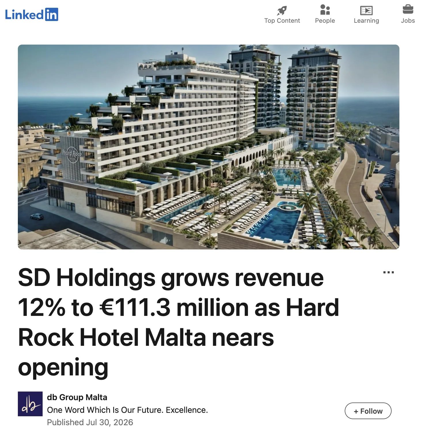 SD Holdings revenue growth announcement featuring CGI rendering of Hard Rock Hotel Malta and ORA Residences