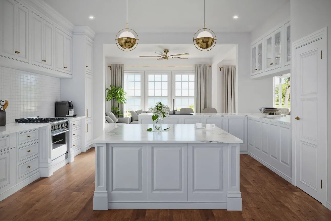 Kitchen interior visualization with marble island and custom cabinetry