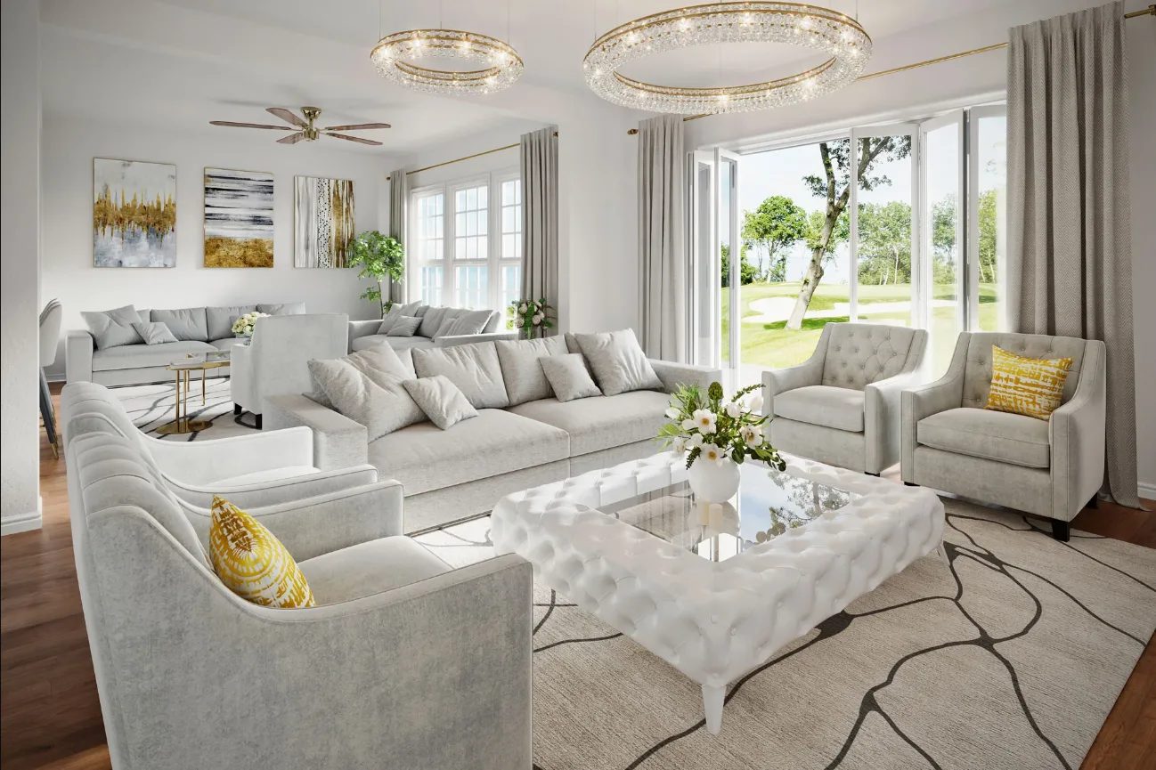 Living room interior rendering with modern furniture and natural daylight