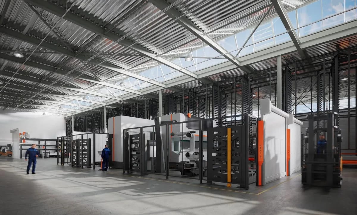 Manufacturing line 3D rendering with conveyor and production equipment
