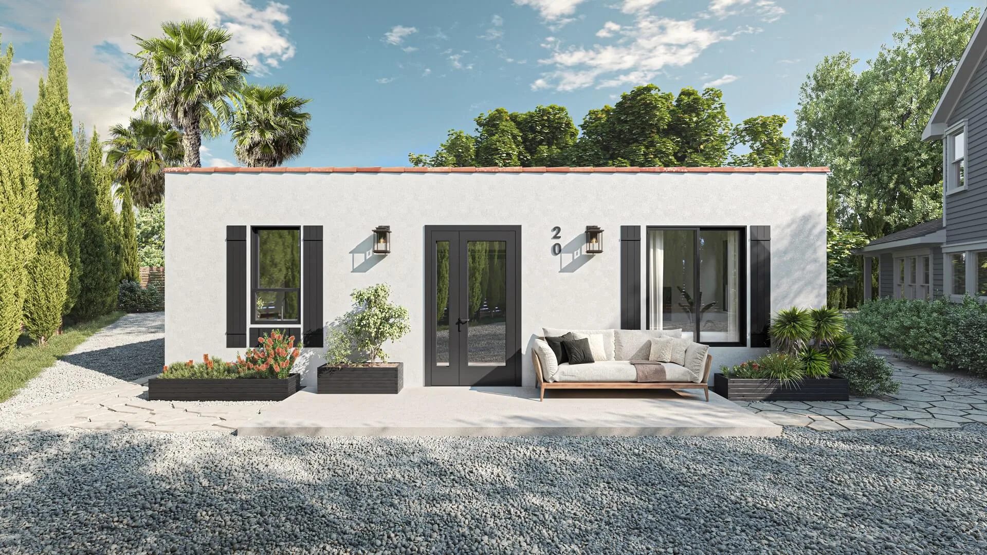 Front view 3D rendering of a white stucco ADU with black shutters and French doors